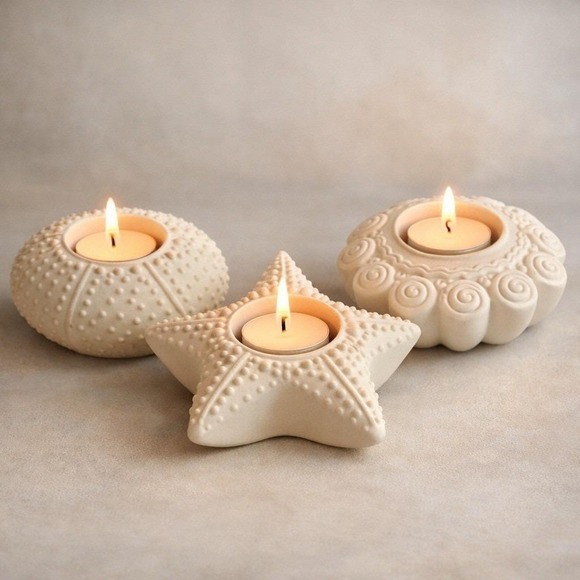 PartyLite Coastal Seashell Starfish Sea Urchin Tealight Holders Set of 3 Bisque - Picture 4 of 5